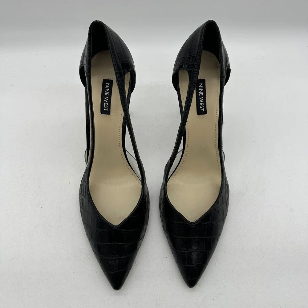 Nine West Womens 10.5 Trivs3 Black‎ Croc Pointed Toe Clear Panel Stiletto Pumps
